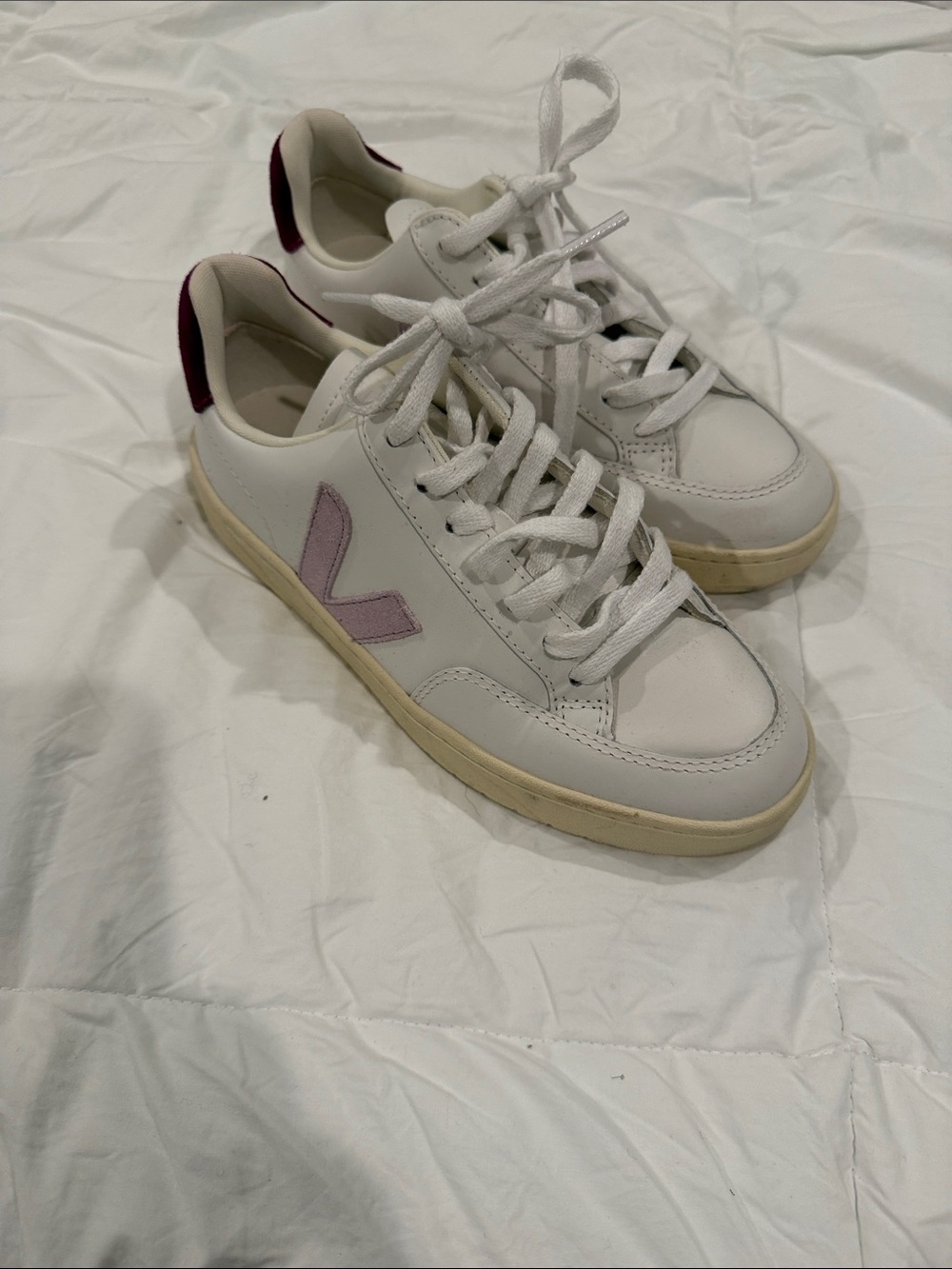 Veja White Leather Sneakers with Lilac V and Plum Heel